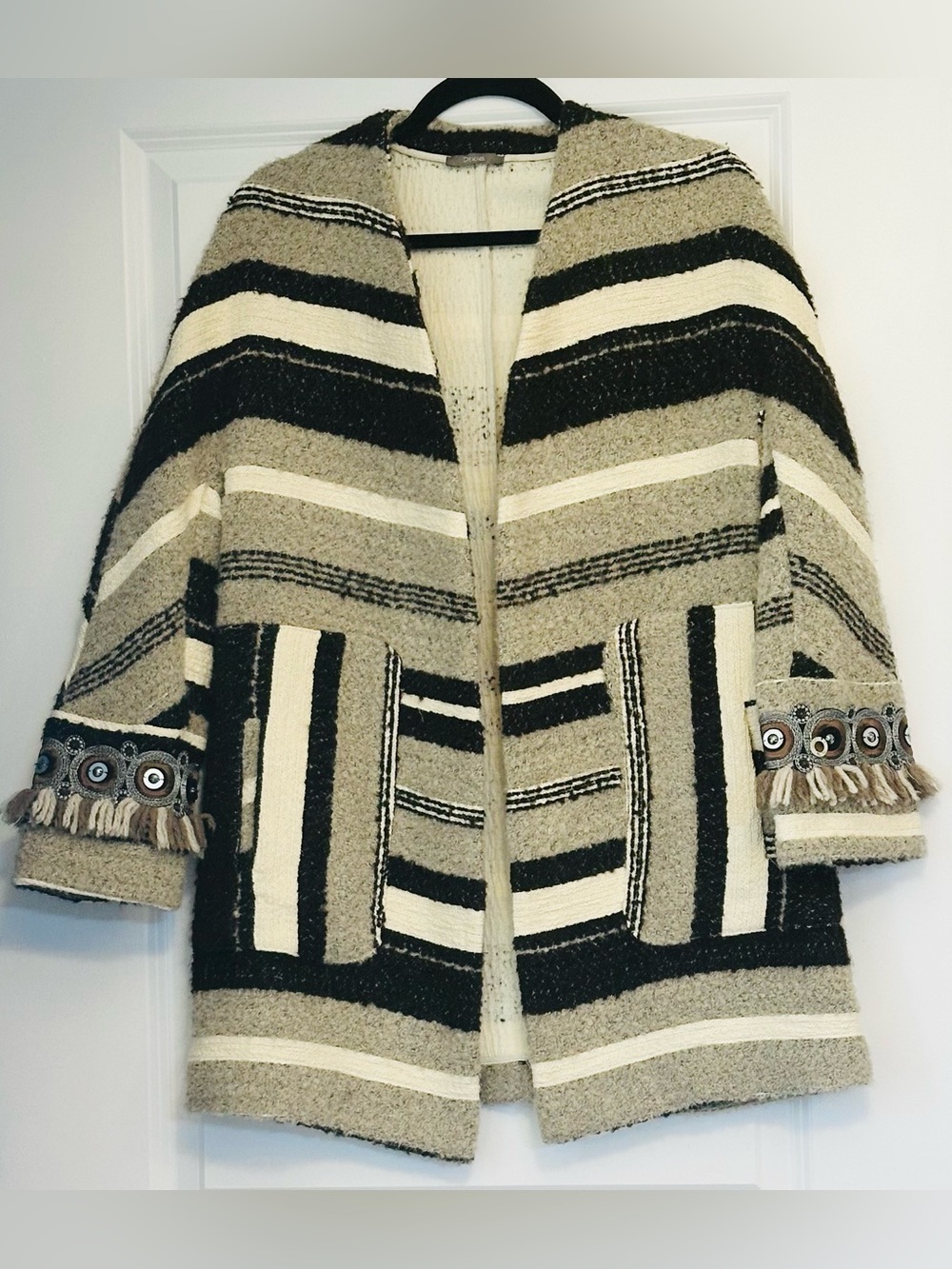 DIXIE Italy Coat Tan Brown Cream Unique Boho Open Front L/S Fringe Bling XS S